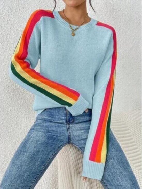Sweaters - Women's Colorful Rainbow Striped Casual Crewneck Sweater Long-SleeveTops